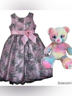 Sz 8 Jayne Copeland pink Satin with black and silver lace Overlay dress W/ Bear